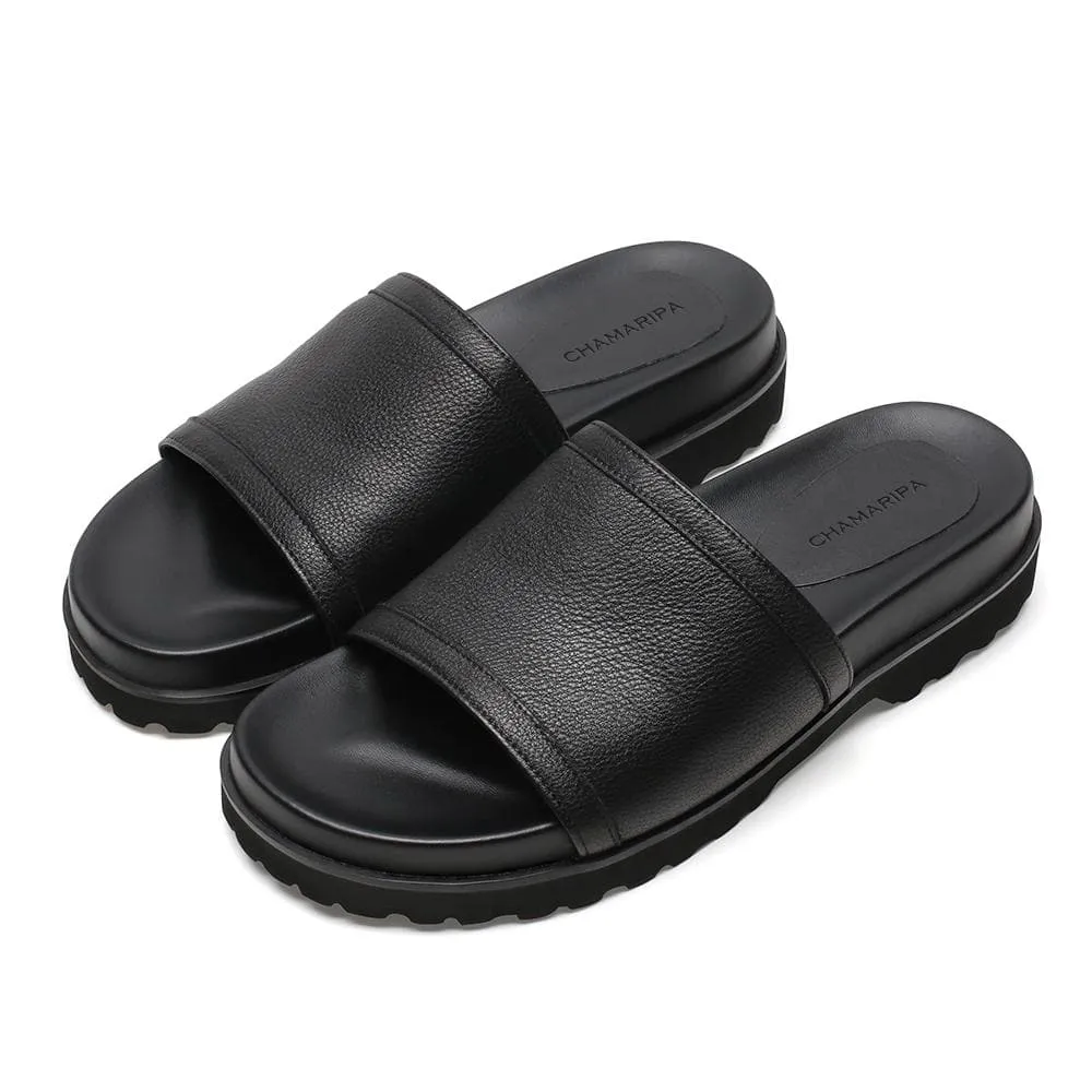 6 CM / 2.36 Inches CMR CHAMARIPA Height Increasing Men's Slippers Black Leather High Heel Slide Sandal Fashion Casual Elevator Sandals