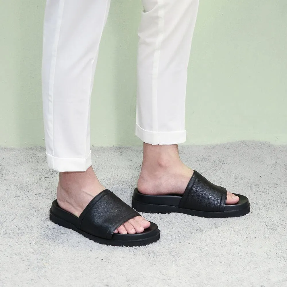 6 CM / 2.36 Inches CMR CHAMARIPA Height Increasing Men's Slippers Black Leather High Heel Slide Sandal Fashion Casual Elevator Sandals