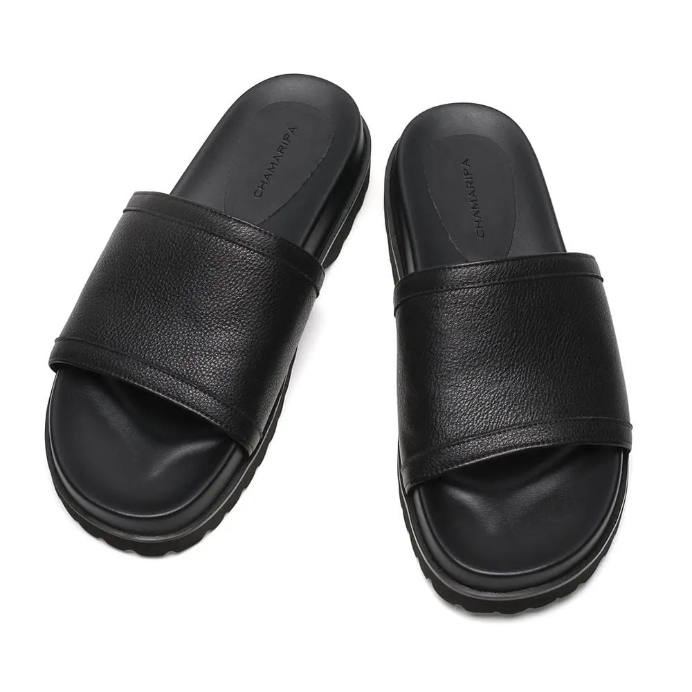 6 CM / 2.36 Inches CMR CHAMARIPA Height Increasing Men's Slippers Black Leather High Heel Slide Sandal Fashion Casual Elevator Sandals