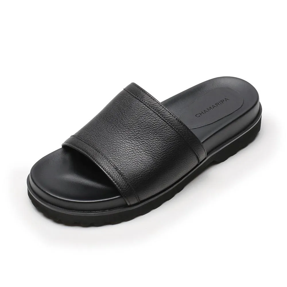 6 CM / 2.36 Inches CMR CHAMARIPA Height Increasing Men's Slippers Black Leather High Heel Slide Sandal Fashion Casual Elevator Sandals