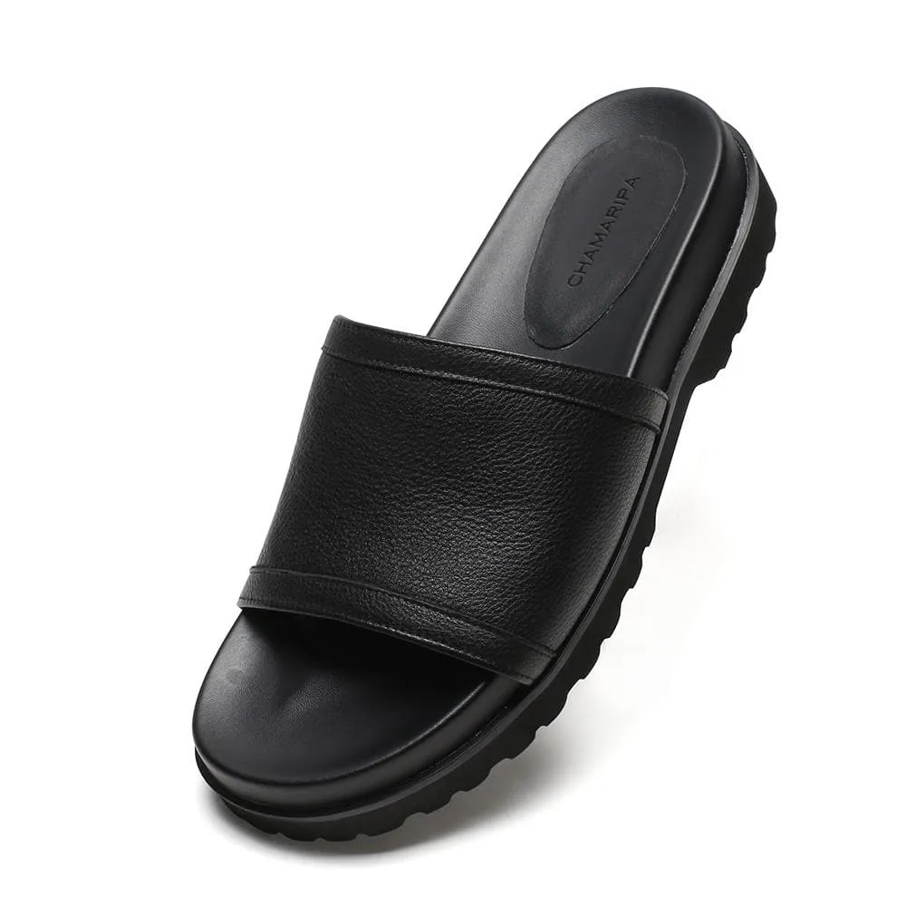 6 CM / 2.36 Inches CMR CHAMARIPA Height Increasing Men's Slippers Black Leather High Heel Slide Sandal Fashion Casual Elevator Sandals