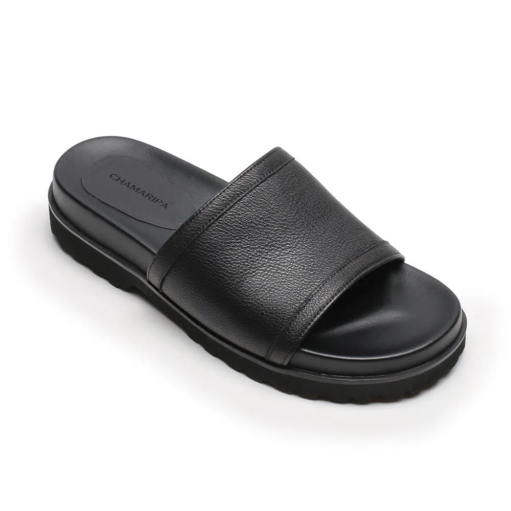 6 CM / 2.36 Inches CMR CHAMARIPA Height Increasing Men's Slippers Black Leather High Heel Slide Sandal Fashion Casual Elevator Sandals