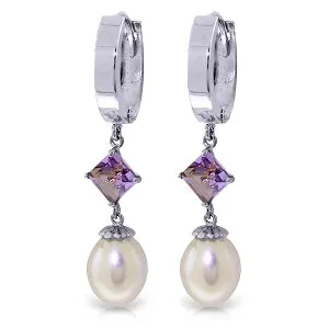 9.5 Carat 14K Solid White Gold Hoop Earrings Natural Pearl Amethyst