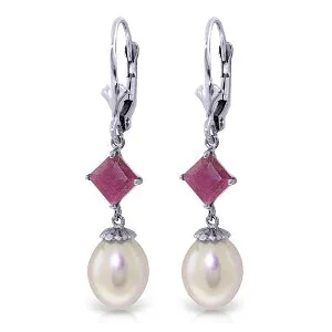 9.5 Carat 14K Solid White Gold Leverback Earrings Natural Pearl Ruby