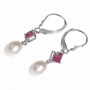 9.5 Carat 14K Solid White Gold Leverback Earrings Natural Pearl Ruby