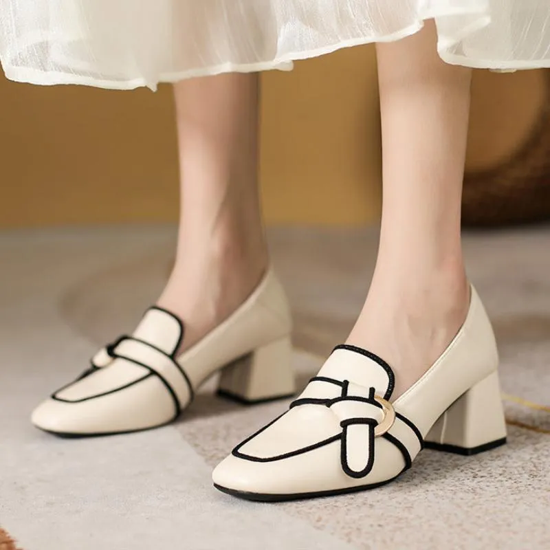 Aiertu Summer Women Chunky Pumps Thick High Heel Slip-On Waterproof Loafers Shoes Casual Vintage Square Toe Ladies Suit Shoes