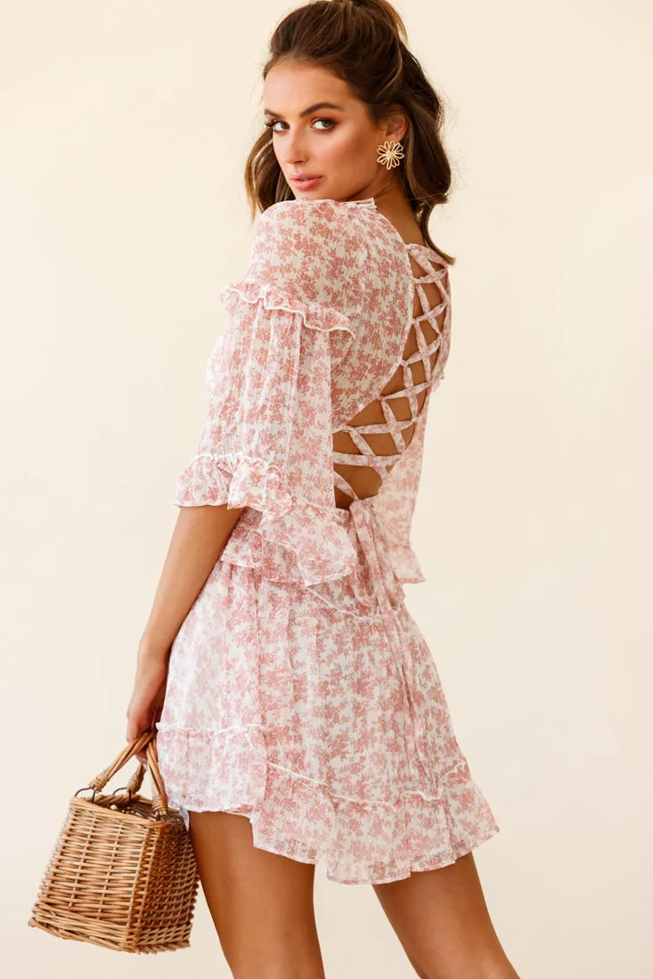 Albany Lace Up Back Frill Dress Tiny Floral Print Pink