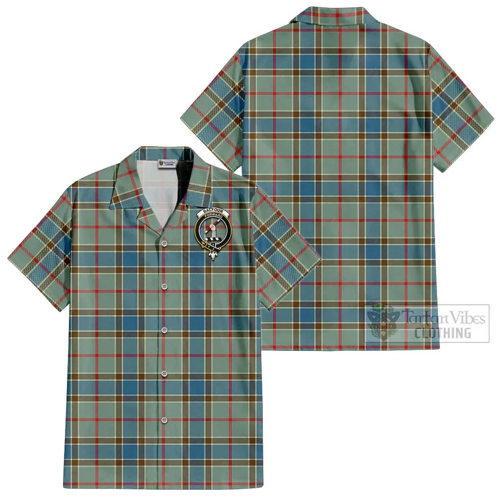 Balfour Blue Tartan Cotton Hawaiian Shirt with Family Crest