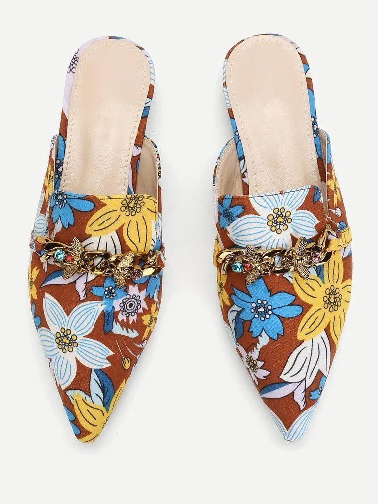 Bee Detail Calico Print Pointed Toe Flats