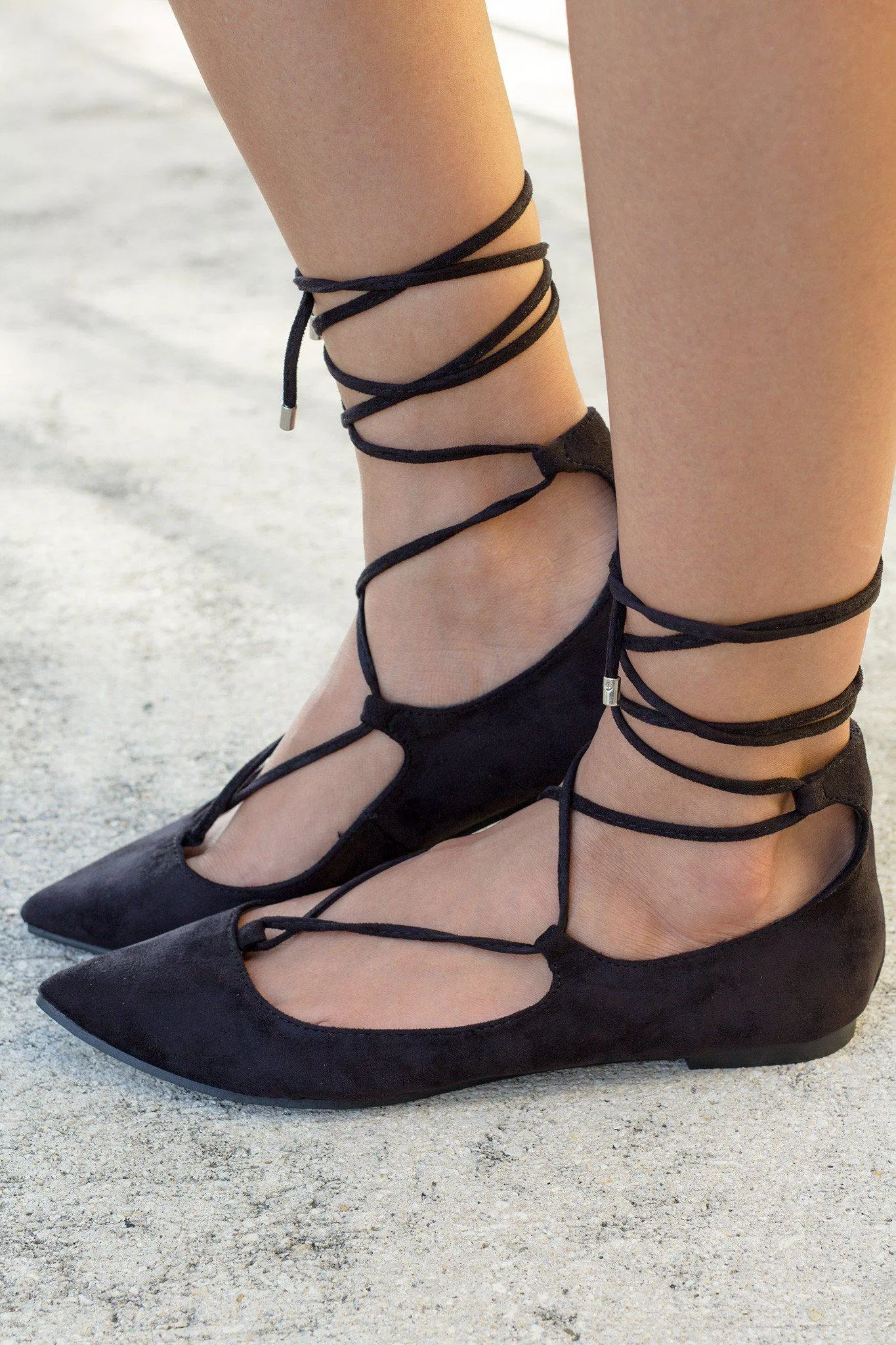 Black Lace Up Ballet Flats