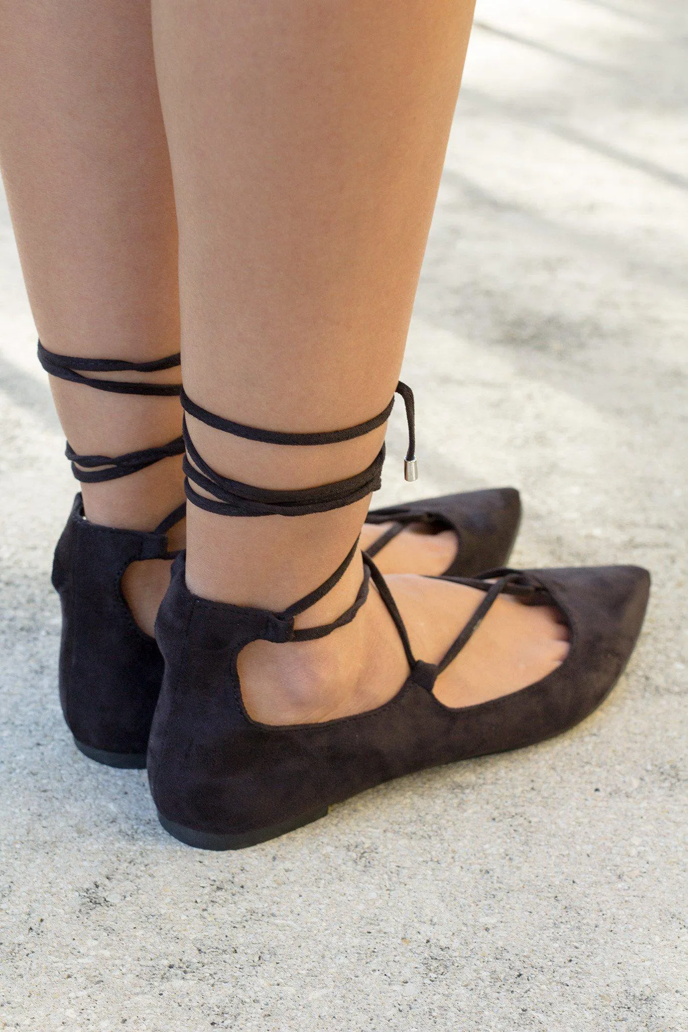 Black Lace Up Ballet Flats