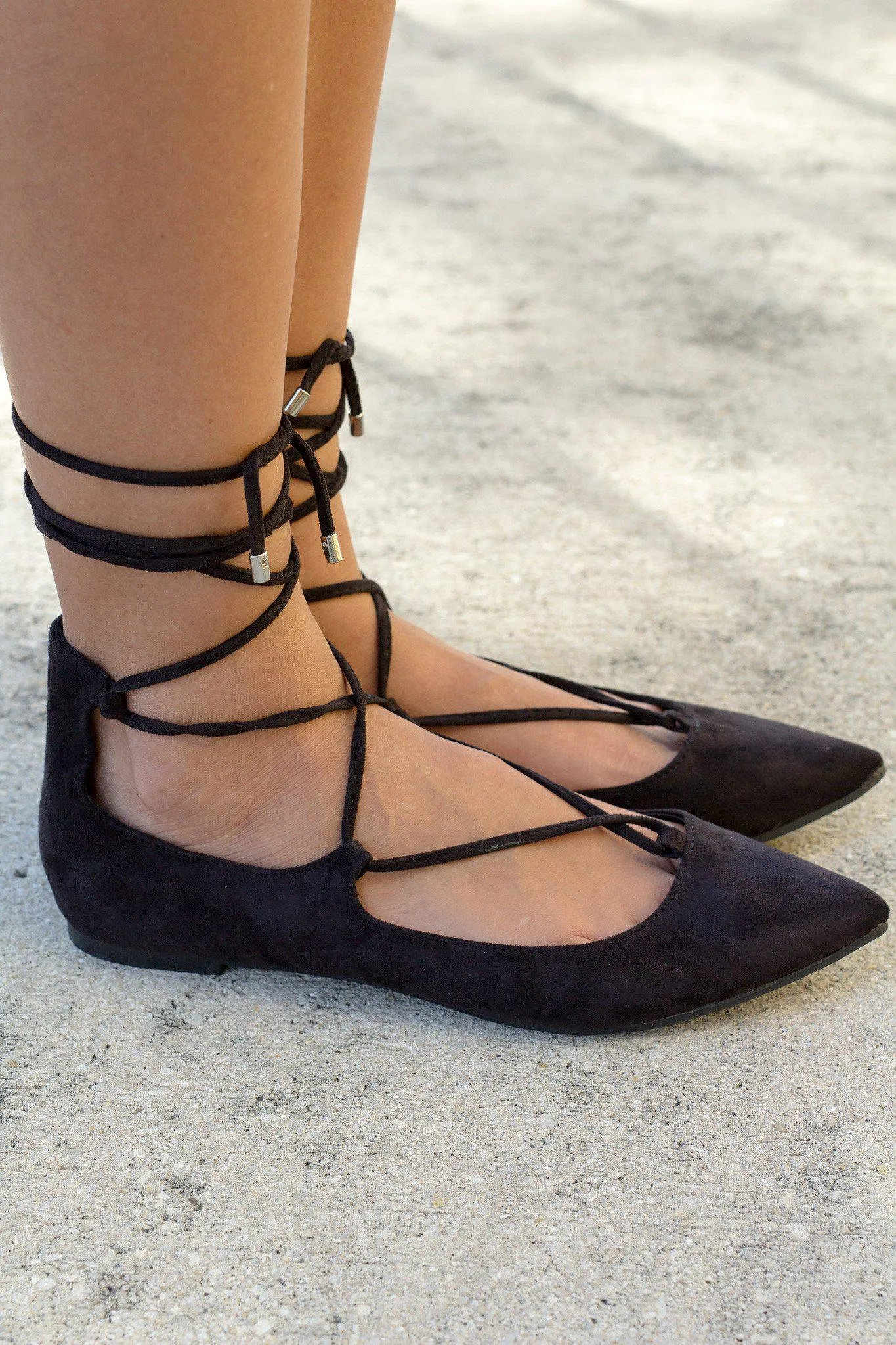 Black Lace Up Ballet Flats