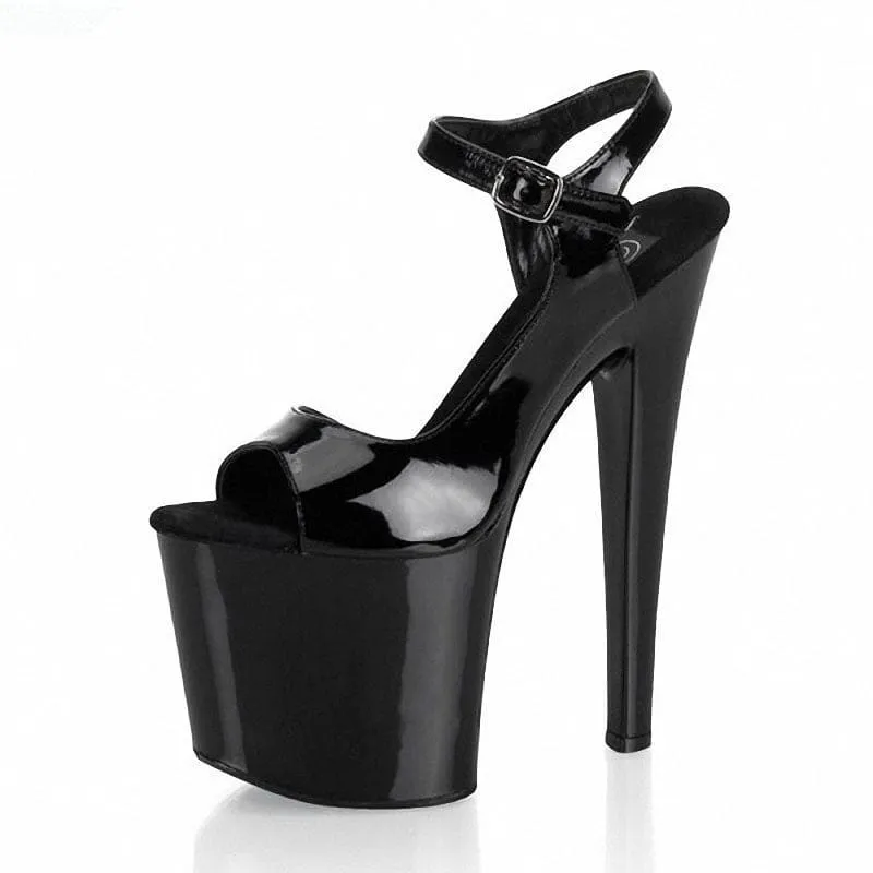 Black Super High Heel Open Toe Platform Sandals with Ankle Strap