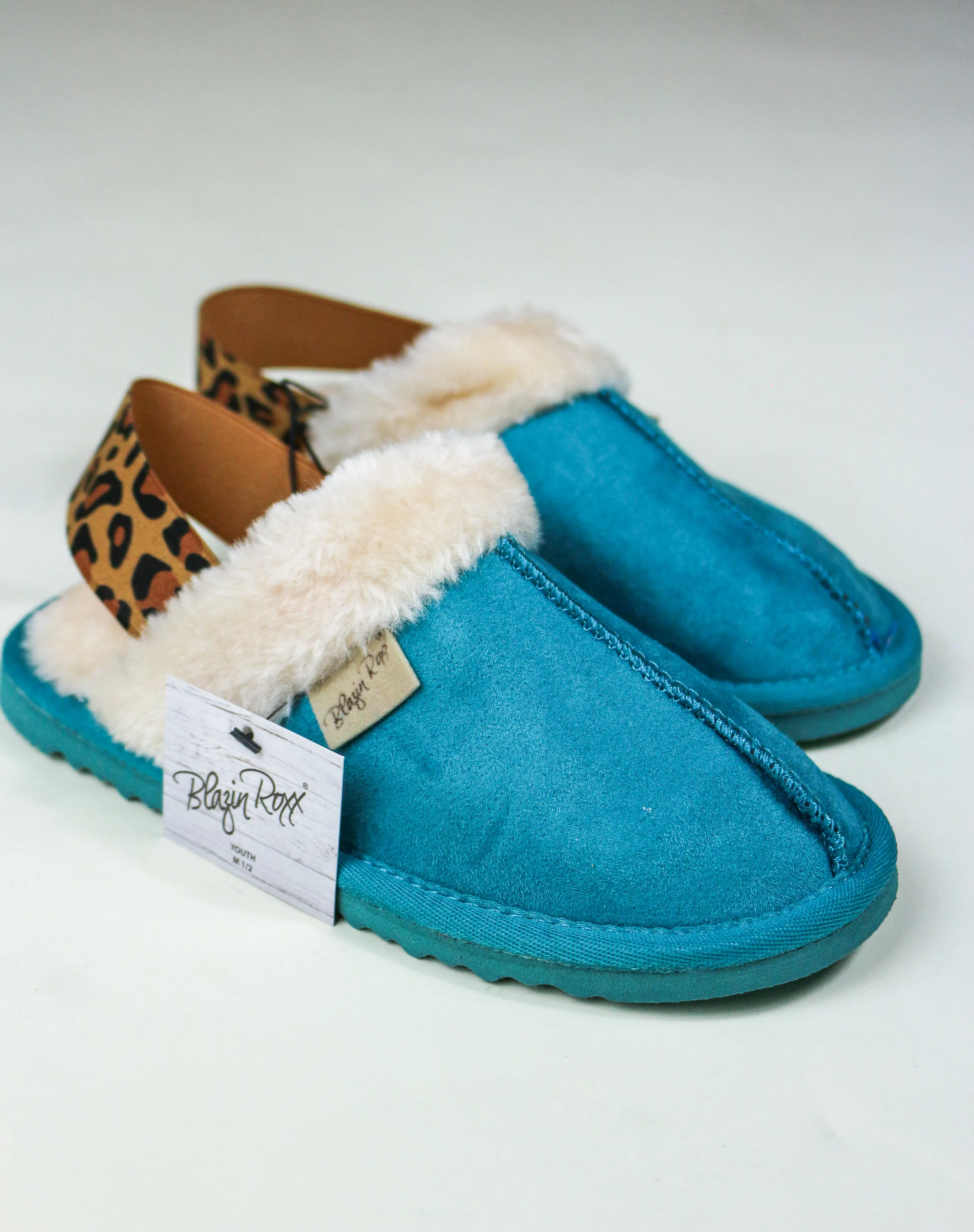 Blazin Roxx Turquoise Girls Ivory & Leopard Print Faux Fur Collar Slippers