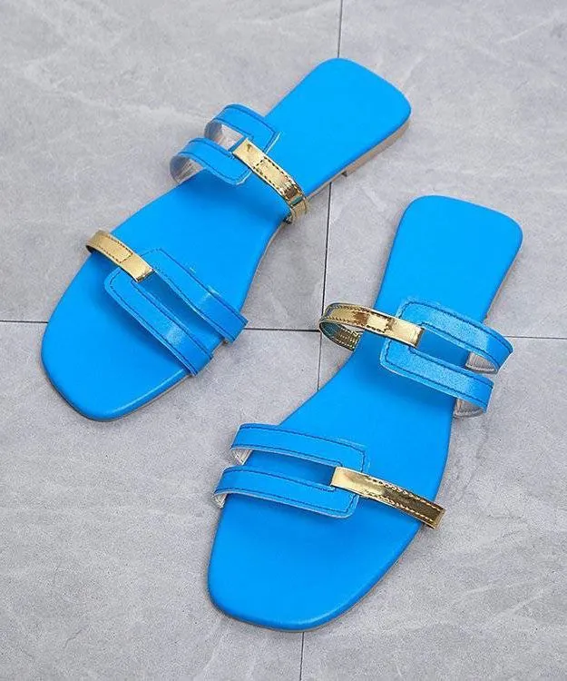 Blue Flats Slide Sandals Faux Leather Fine Splicing Peep Toe