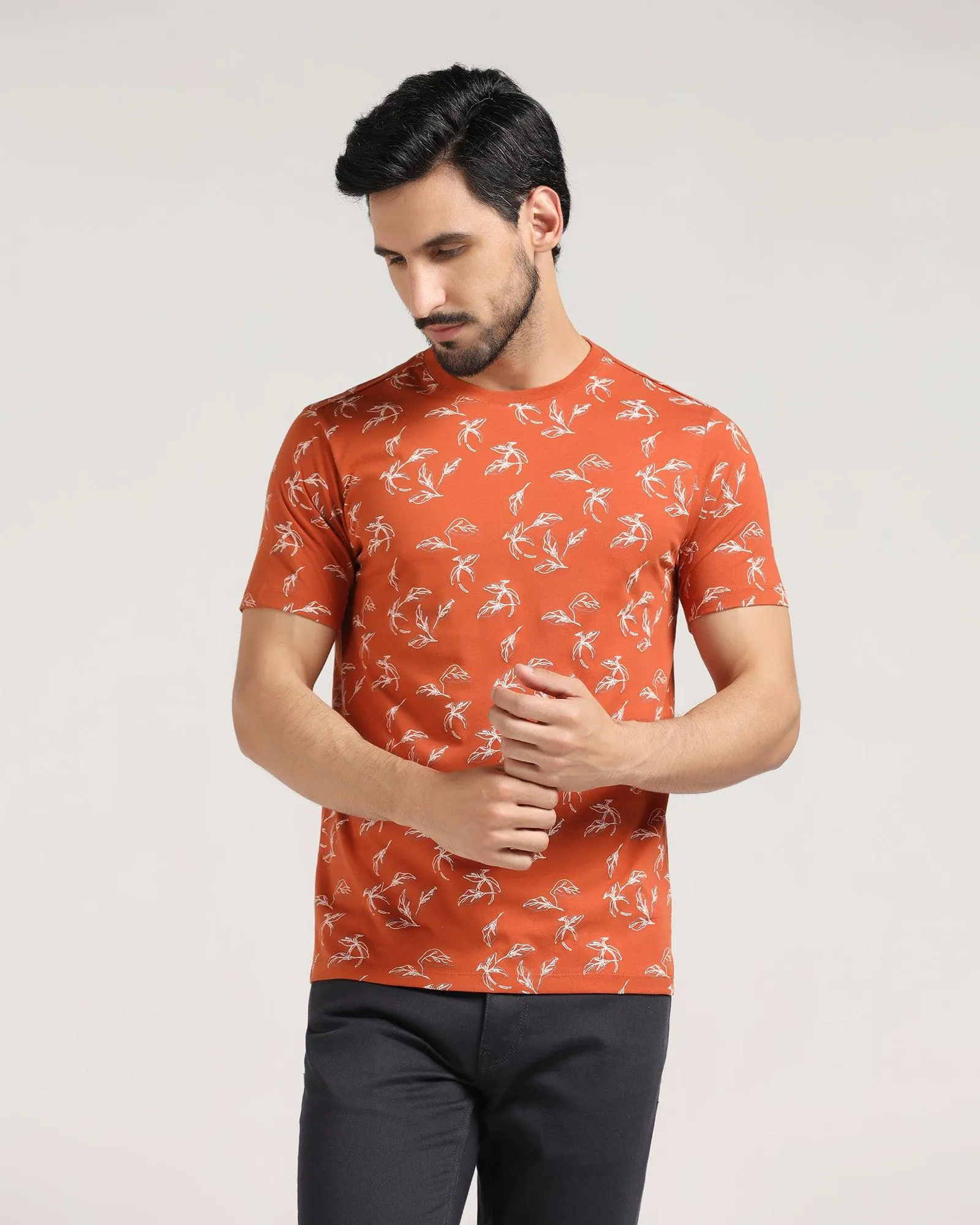 Crew Neck Rust Orange Printed T-Shirt - Kiwi