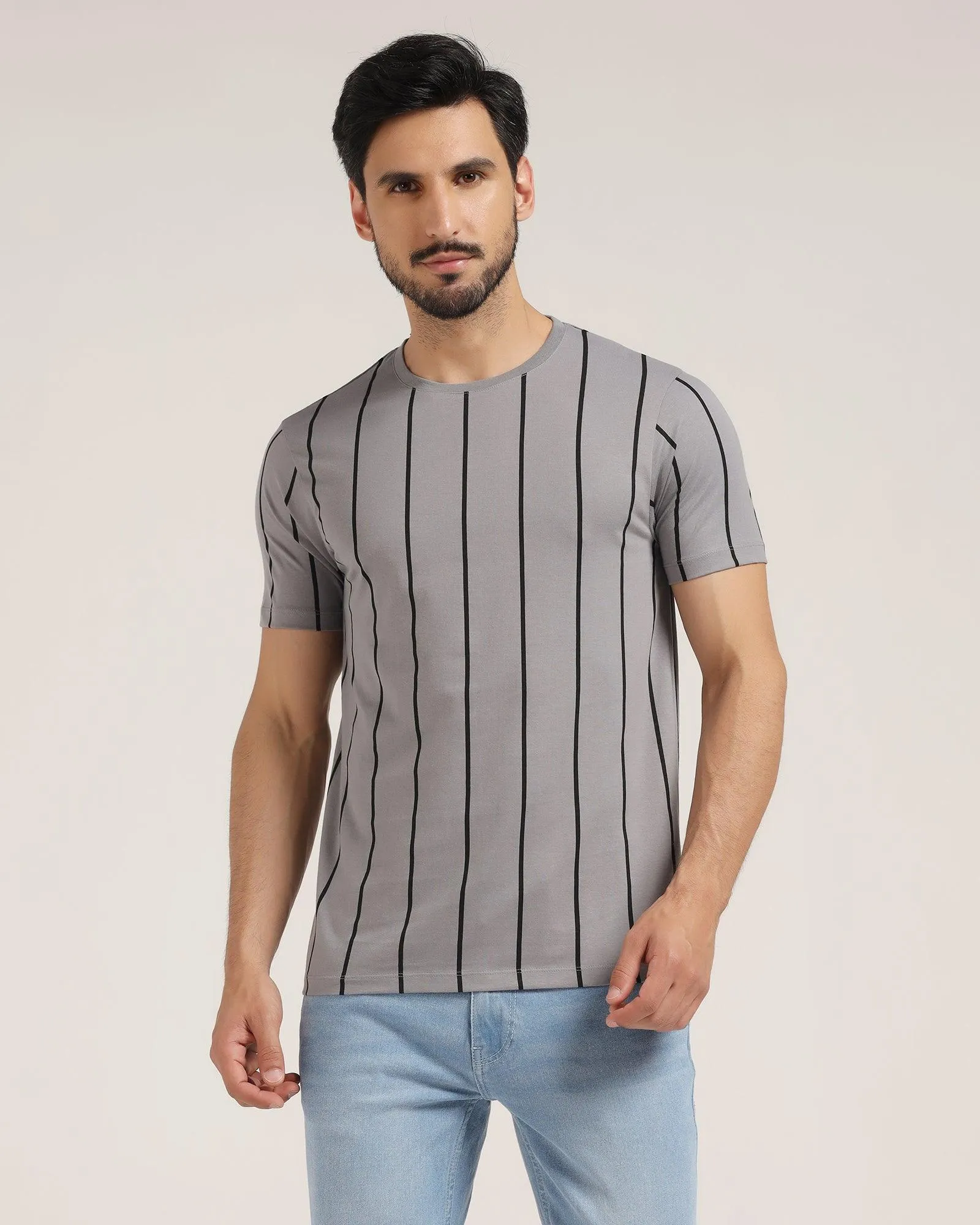 Crew Neck Taupe Grey Stripe T-Shirt - Ginger