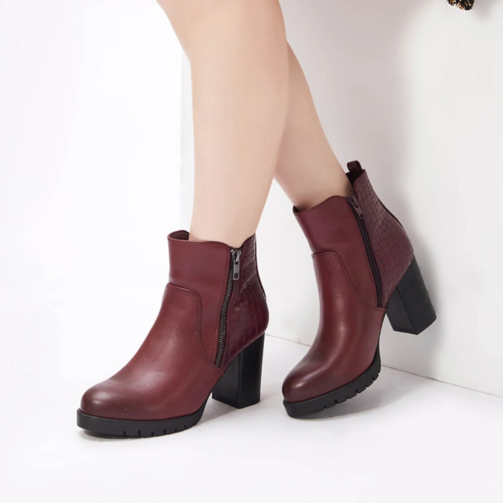 Crocodile Pattern Chunky Ankle Boots Side Zipper