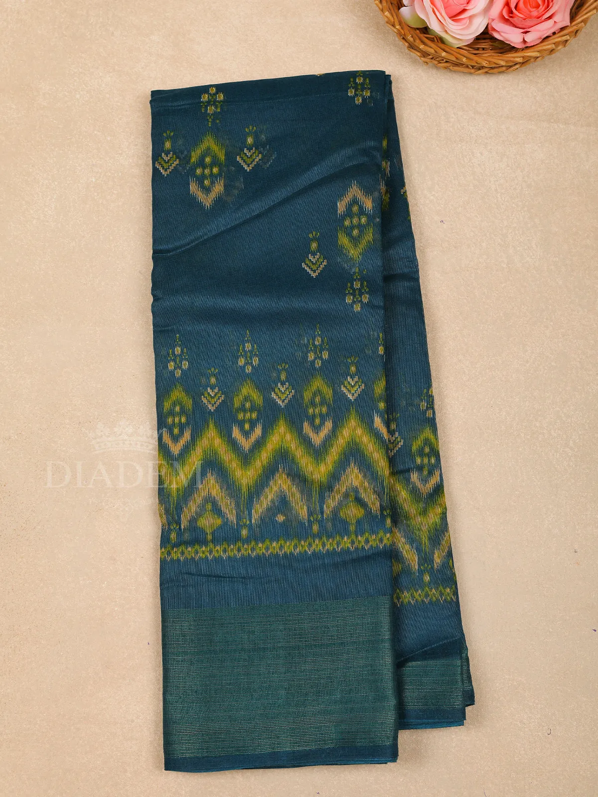 Dark Blue Cotton Saree With Geometric Patterns On the Body with Matching Border