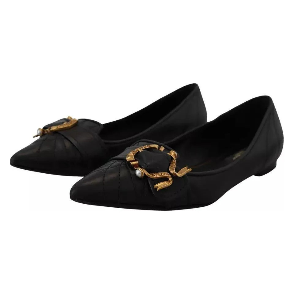 Dolce & Gabbana Black Devotion Leather Pointy Flats Shoes