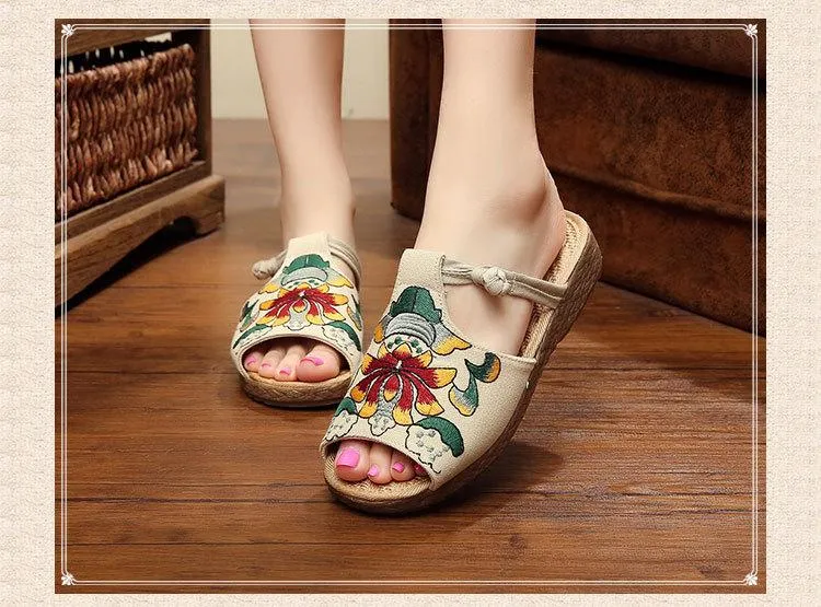 Ethnic Style Wedge with Non-slip Fish Mouth Type Embroidered Sandals and Slippers