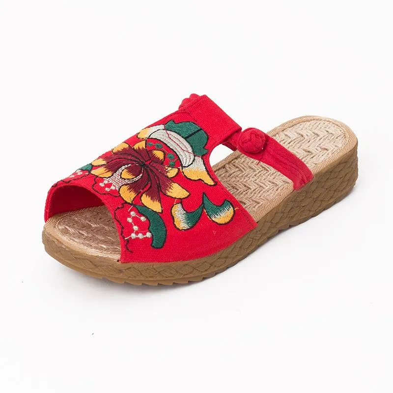 Ethnic Style Wedge with Non-slip Fish Mouth Type Embroidered Sandals and Slippers