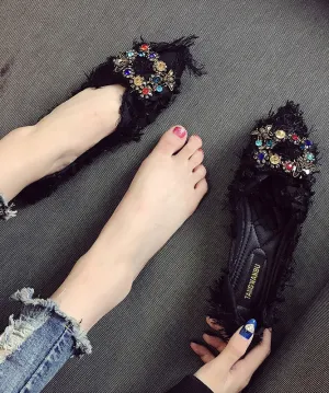 Fashion Black Flats Splicing Pointed Toe Sequined Zircon