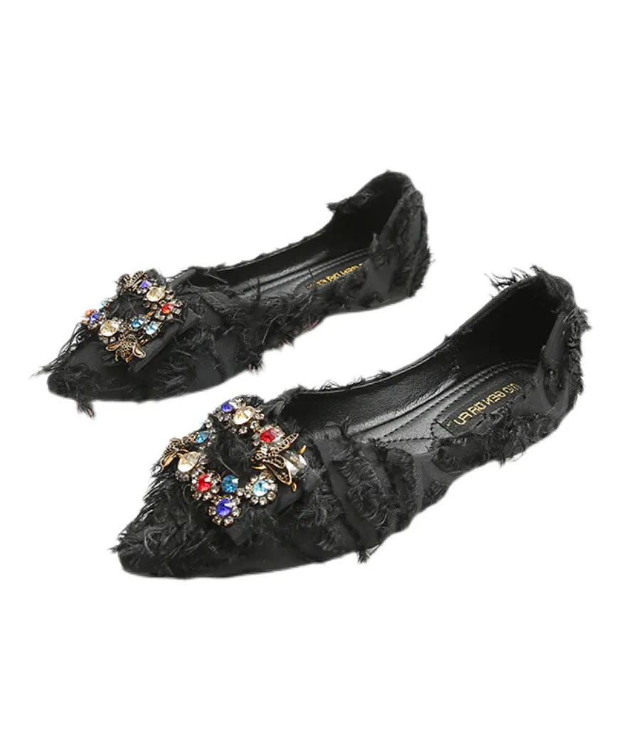 Fashion Black Flats Splicing Pointed Toe Sequined Zircon