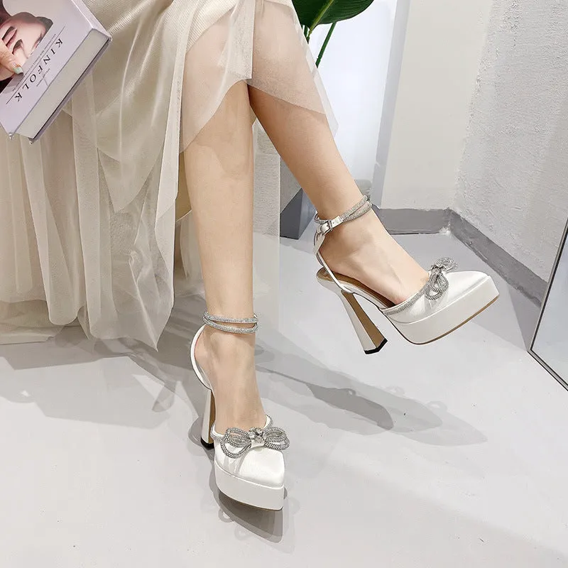 Fashion Rhinestone Bow French Pointed Toe Slingback Waterproof Platform High Heels