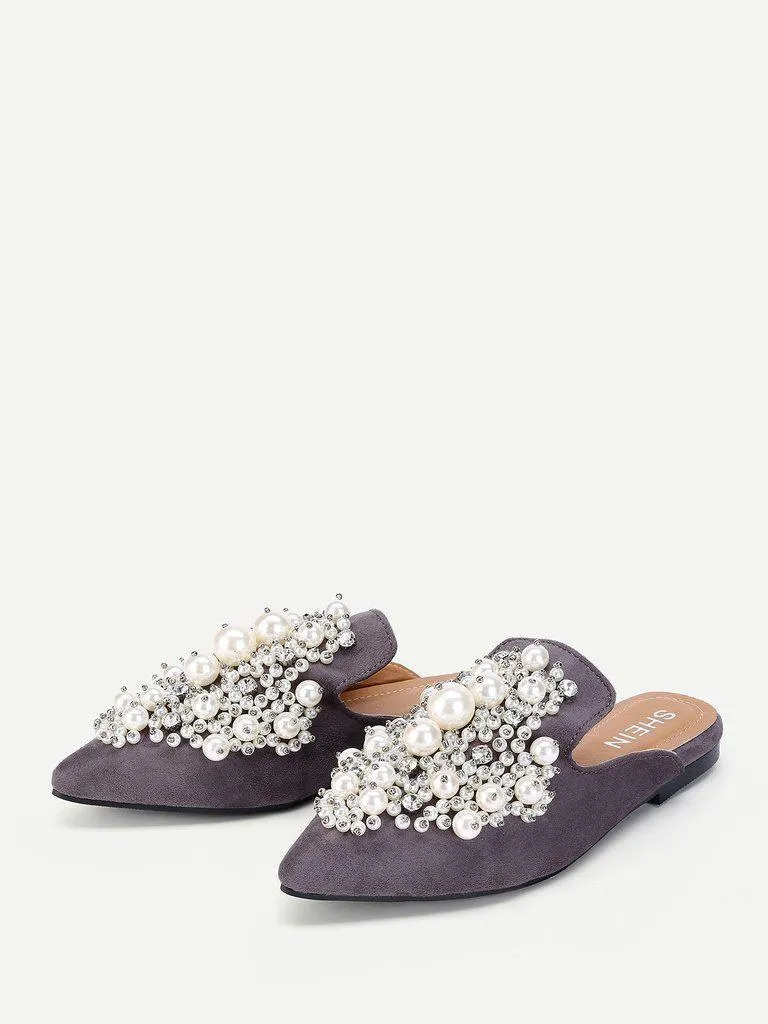 Faux Pearl Decorated Flat Mules