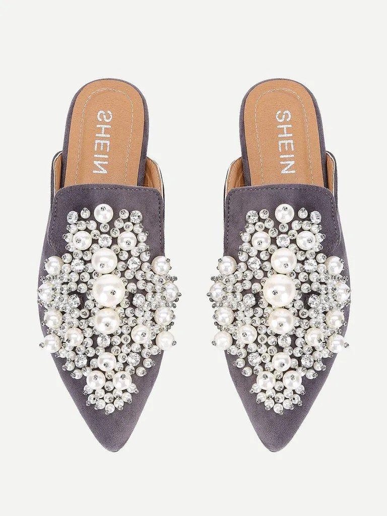 Faux Pearl Decorated Flat Mules