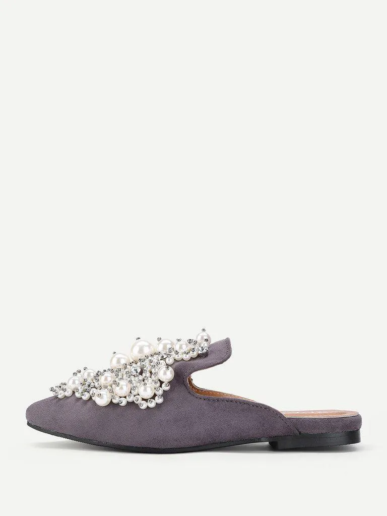 Faux Pearl Decorated Flat Mules