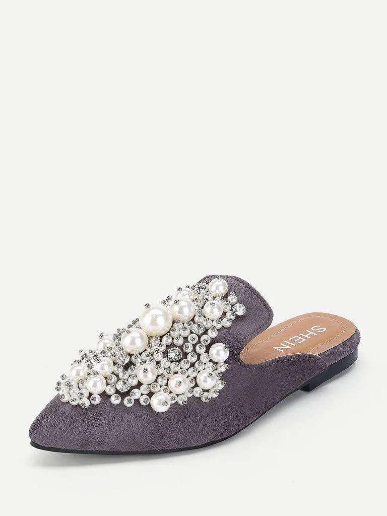 Faux Pearl Decorated Flat Mules