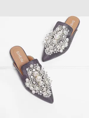 Faux Pearl Decorated Flat Mules