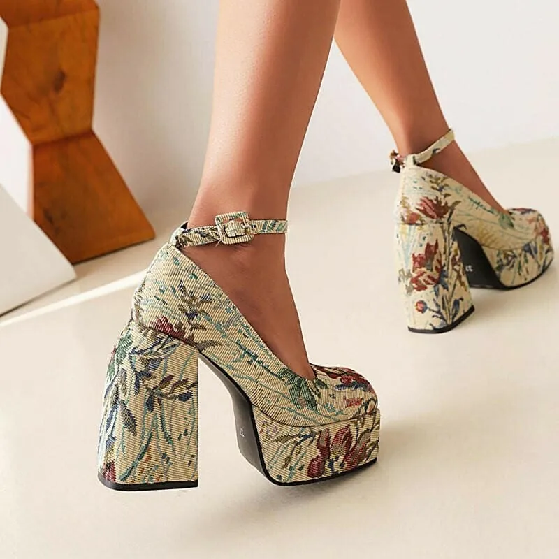 Floral Square Toe High Heel Sandals with Snakeskin Design