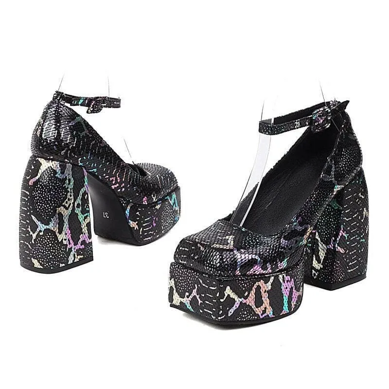 Floral Square Toe High Heel Sandals with Snakeskin Design