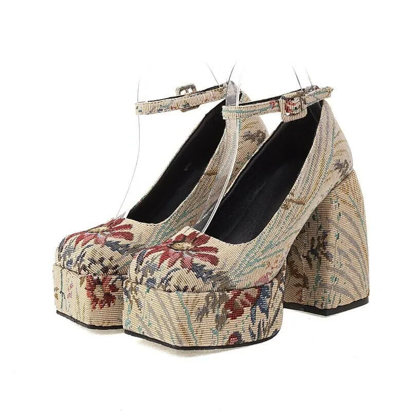 Floral Square Toe High Heel Sandals with Snakeskin Design