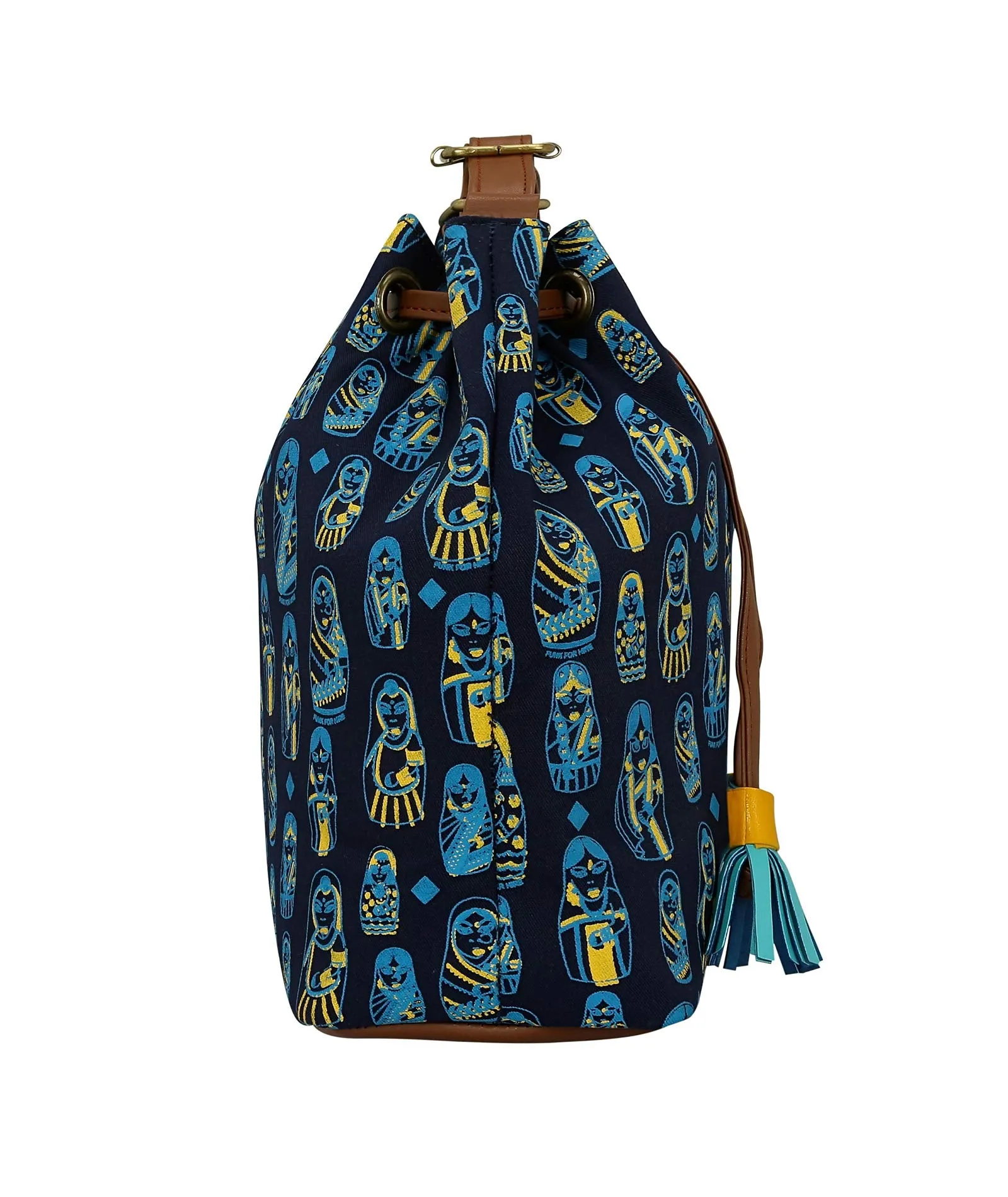 Funk For Hire Navy Blue Printed Canvas Bucket Drawstring Crossbody Sling Bag for Women