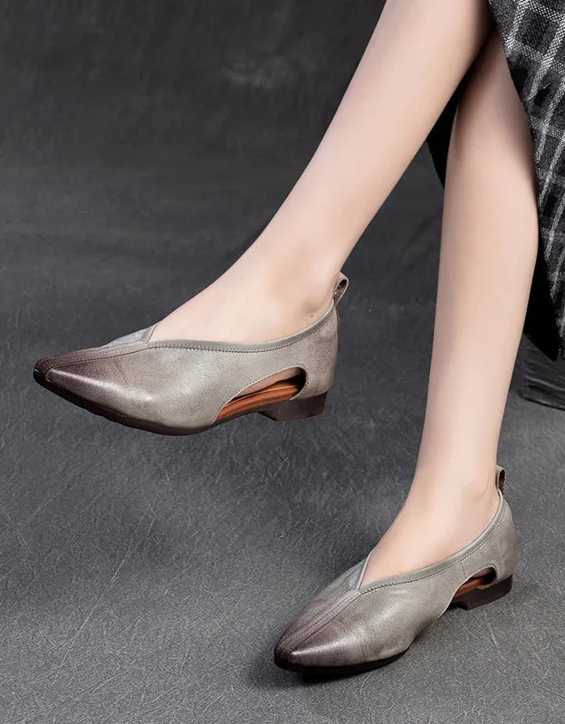 Genuine Leather Cut Out Pointed Toe Retro Flat Pumps