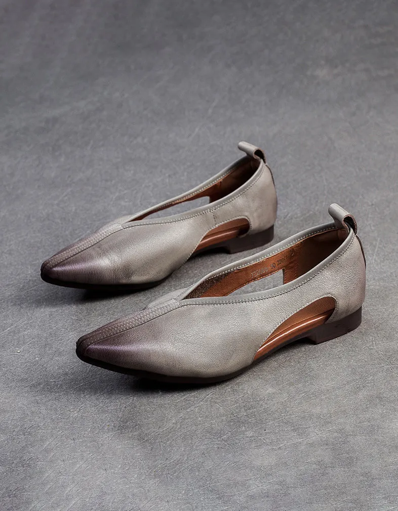 Genuine Leather Cut Out Pointed Toe Retro Flat Pumps