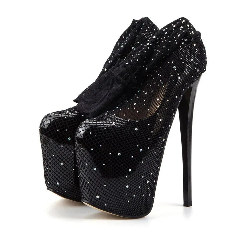 Glittery Stocking Covered Platform Heels with Diamante Rhinestone Detail