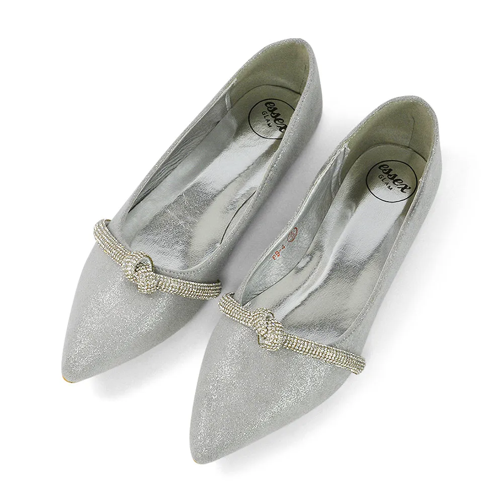 Halley Flat Heel Pointed Toe Sparkly Wedding Embellished Diamante Bridal Pumps in Silver