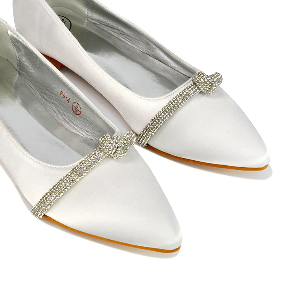 Halley Flat Heel Pointed Toe Sparkly Wedding Embellished Diamante Bridal Pumps in Silver