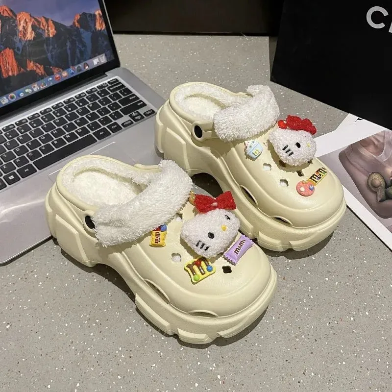 Hellokitty Fur Lined Clogs Waterproof Winter Fuzzy Slippers for Women Indoor Outdoor