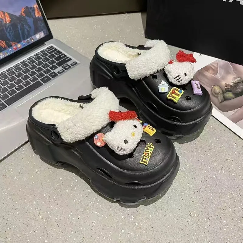 Hellokitty Fur Lined Clogs Waterproof Winter Fuzzy Slippers for Women Indoor Outdoor