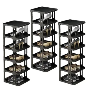 Kuber Industries (Set of 3) Waterproof Plastic Chappal Stand for Slipper & Footwear | 6-Layer Portable Shoe Rack For Home | Collapsible Design - Black