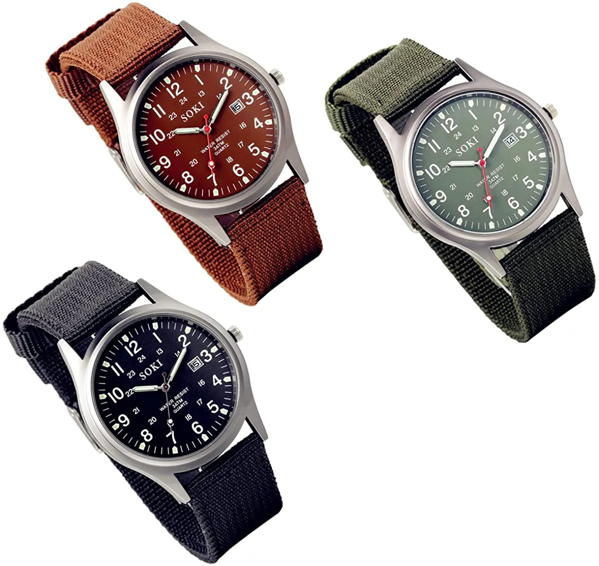 Lancardo Analog Quartz Watch with Woven Nylon Band Calendar Luminous Hand Military Time 24H (Army Green)