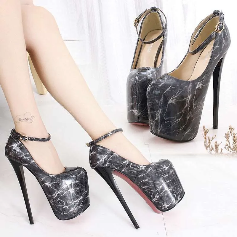 Marbled Black and White High Stiletto Heel Ladies Patent Platform Shoes