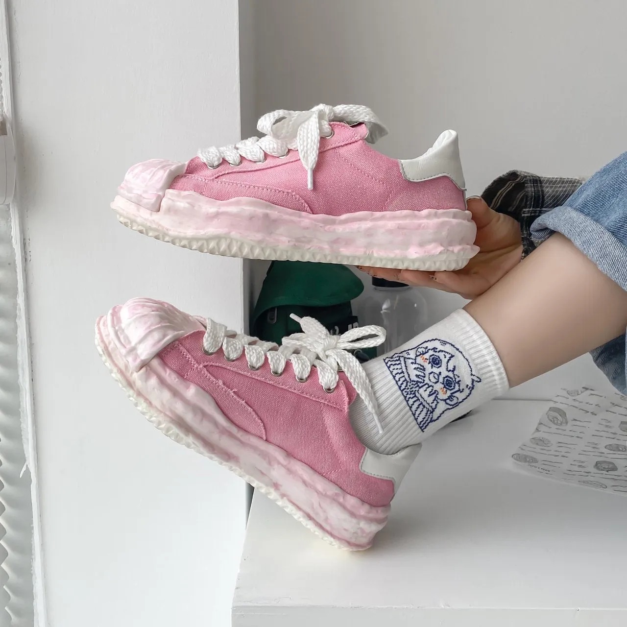 Melting Ice Cream Kawaii Style Lolita Washed Dyed Canvas Shoes Women Cute Super Trend Pink Purple Green Lace Up Board Sneakers