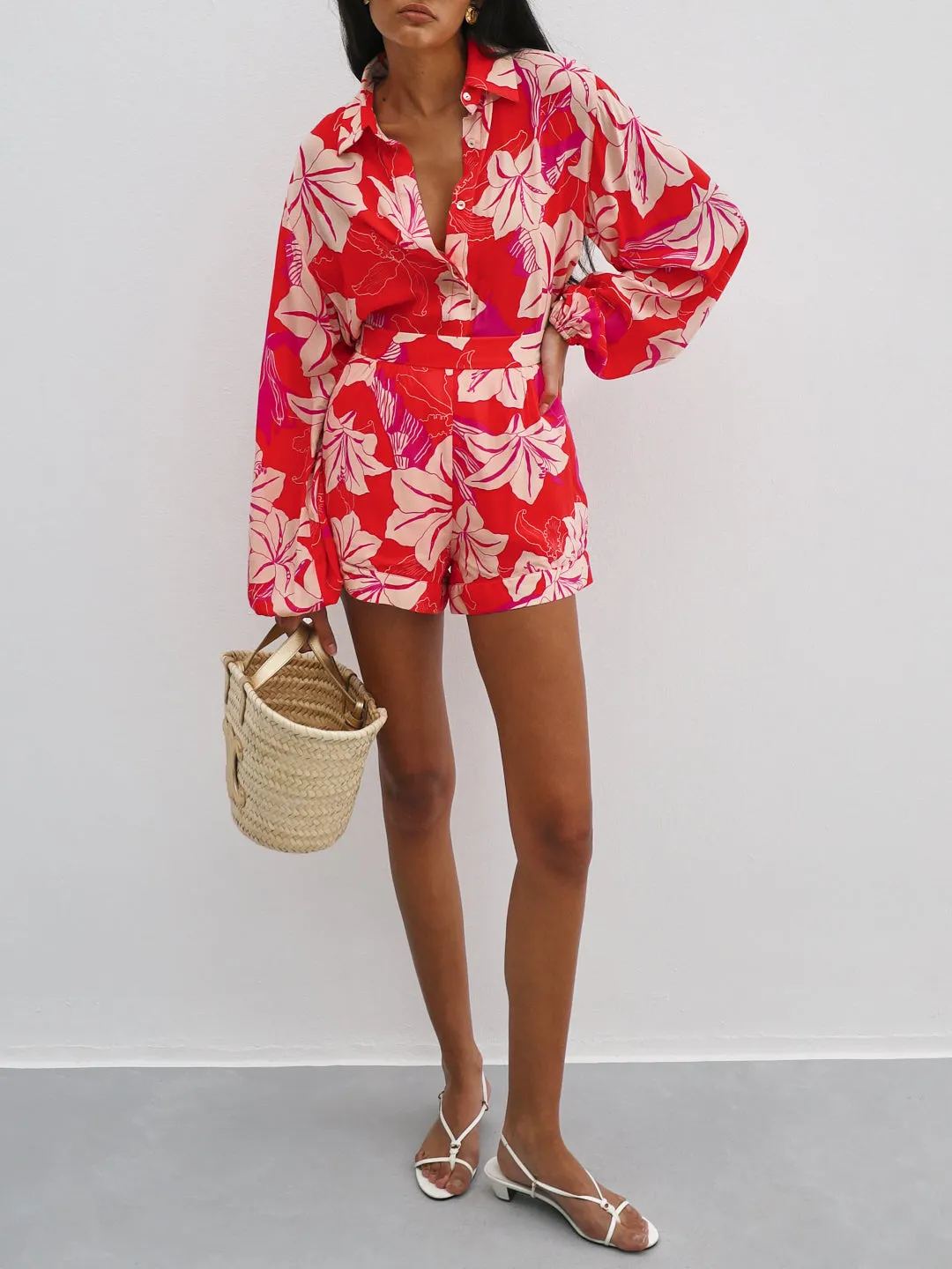 Mindy Floral Volume Sleeve Shirt | White & Red